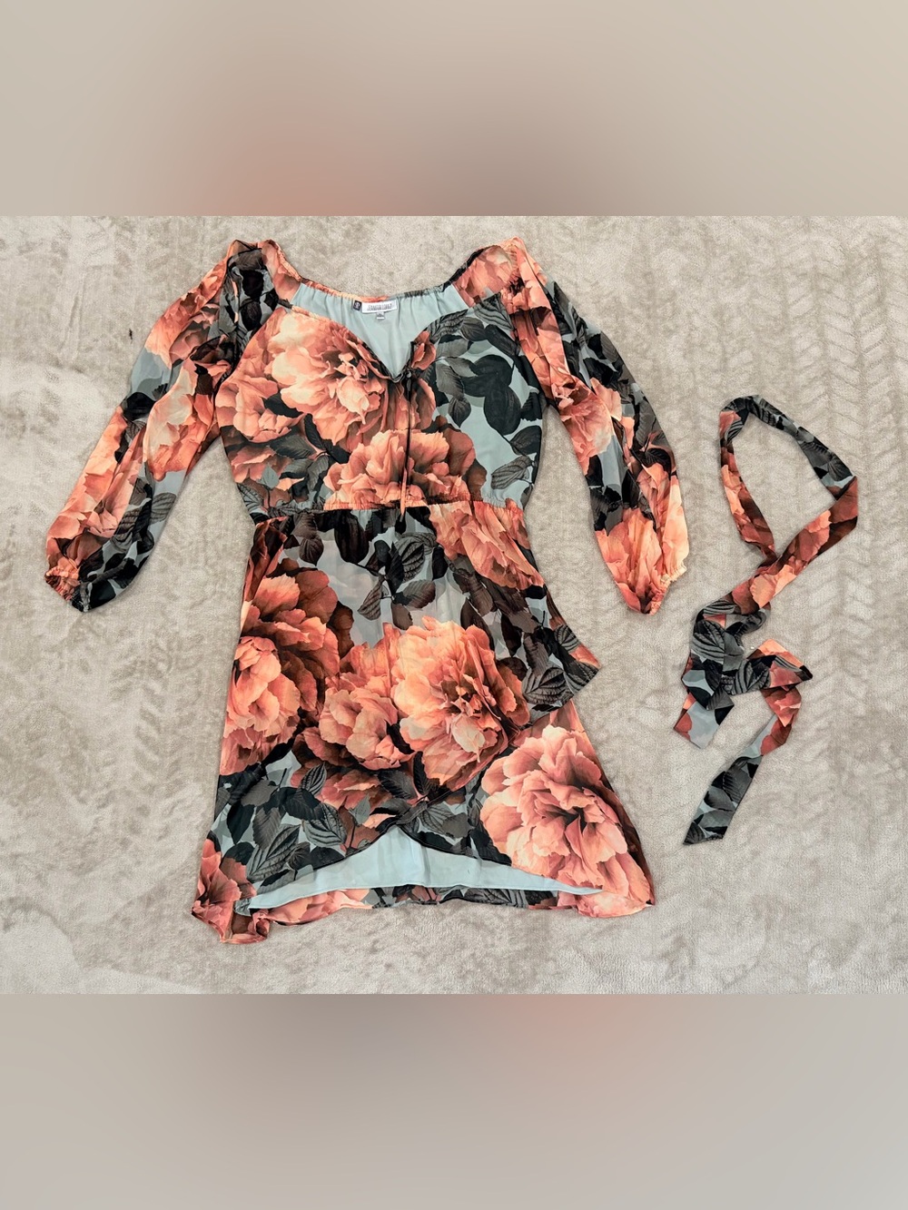 Jennifer Lopez Floral Chiffon Cold Shoulder Dress XL Boho Mini Dark Cottagecore